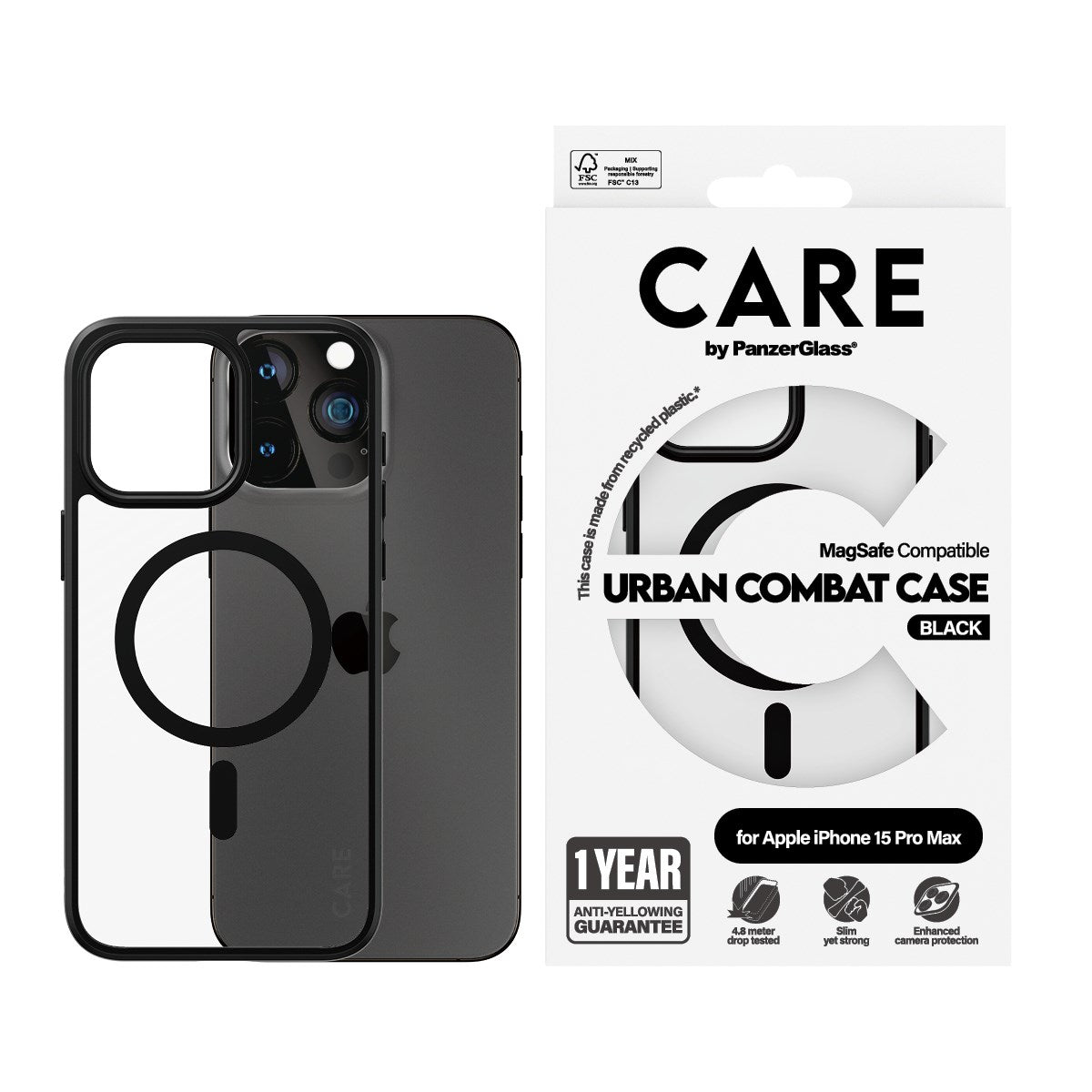 CARE by PanzerGlass® Flagship Case Transparent Urban Combat w. Black MagSafe iPhone 15 Pro Max
